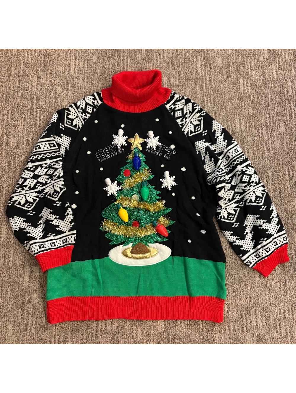 Light up Ugly Christmas Sweater women’s XL “Get Lit” Christmas tree & tinsel